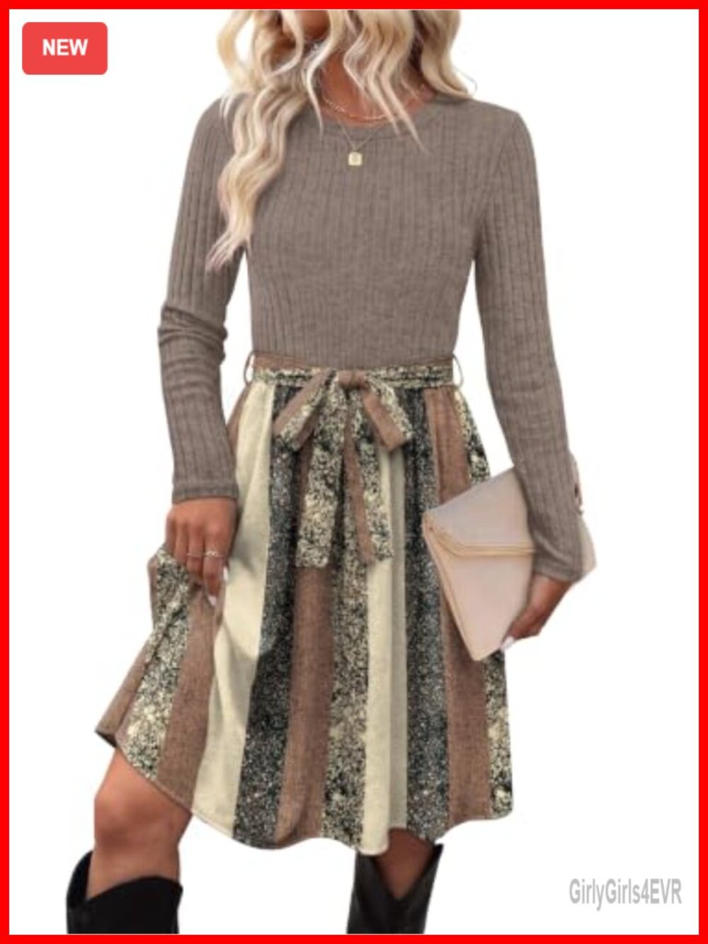 Sweater Dress Long Sleeve Rib Knit Midi with Pockets